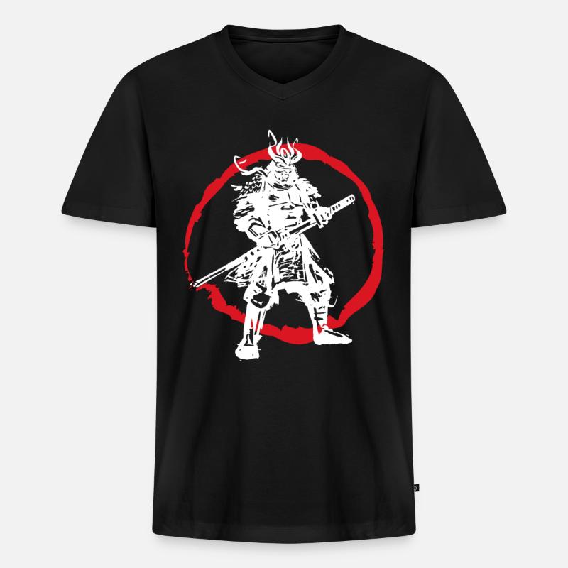 Samurai Japanischer Krieger Blutmond Design - Männer Premium Bio T-Shirt mit V-Ausschnitt - Schwarz