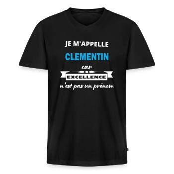 Je m'appelle excellence Clementin - T-shirt encolure en V Premium bio Homme - noir - Devant - Nico (187cm)