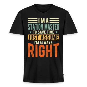Station master - Men's Premium Organic T-shirt with V-neck - black - Front - Nico (187cm)