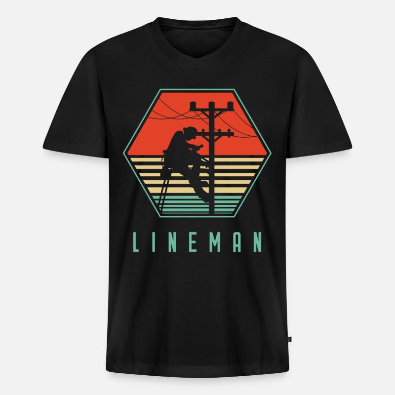 Retro Lineman For Lineman - Männer Premium Bio T-Shirt mit V-Ausschnitt - Schwarz
