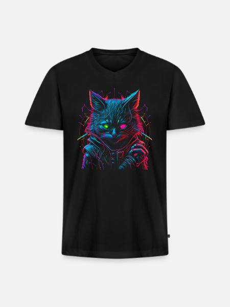 Neon Punk Hacker Cat - Men's Premium Organic T-shirt with V-neck - black