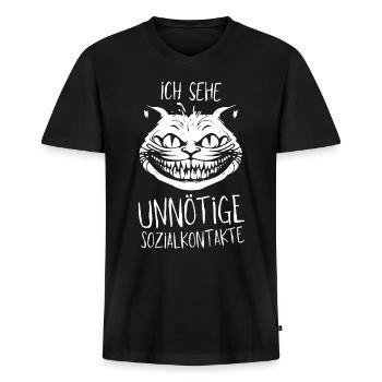 Grinsekatze - Ich sehe unnötige Sozialkontakte - Männer Premium Bio T-Shirt mit V-Ausschnitt - Schwarz - Vorne - Nico (187cm)