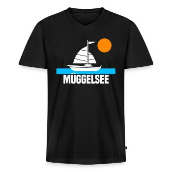 Müggelsee Segelboot Sonnenuntergang - Männer Premium Bio T-Shirt mit V-Ausschnitt - Schwarz - Vorne - Nico (187cm)