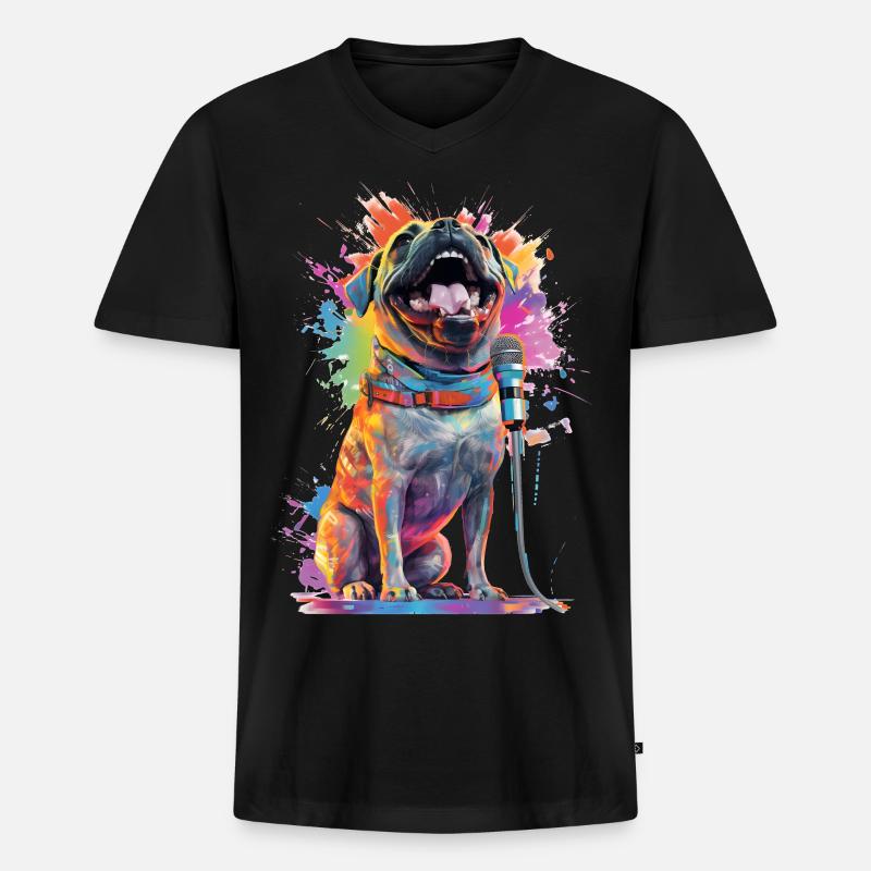 Singender Hund mit Mikrofon - Männer Premium Bio T-Shirt mit V-Ausschnitt - Schwarz