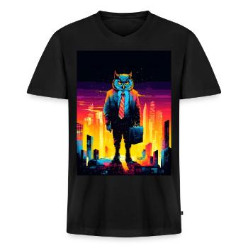 Owl in Suit City Skyline - Men's Premium Organic T-shirt with V-neck - black - Front - Nico (187cm)