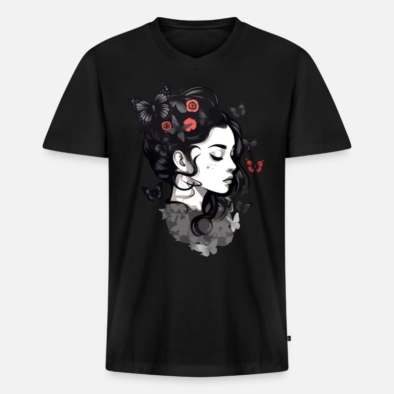 Gothic Mädchen und Schmetterlinge: Aesthetic - Männer Premium Bio T-Shirt mit V-Ausschnitt - Schwarz