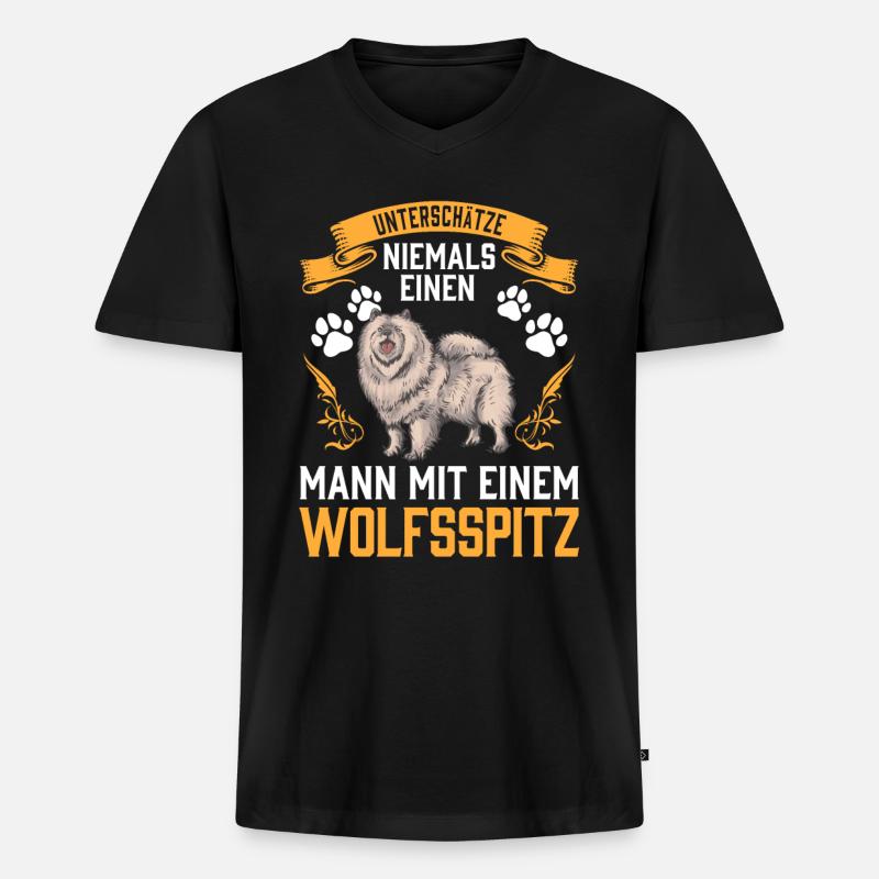 Mann mit Wolfsspitz Deutscher Keeshond - Männer Premium Bio T-Shirt mit V-Ausschnitt - Schwarz