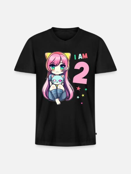 2 ans fille anime kawaii chat 2ème anniversaire - T-shirt encolure en V Premium bio Homme - noir