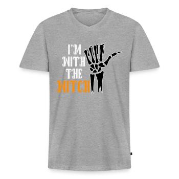 Lustige Halloween Skeletthand - I'm With The Witch - Männer Premium Bio T-Shirt mit V-Ausschnitt - Grau meliert - Vorne