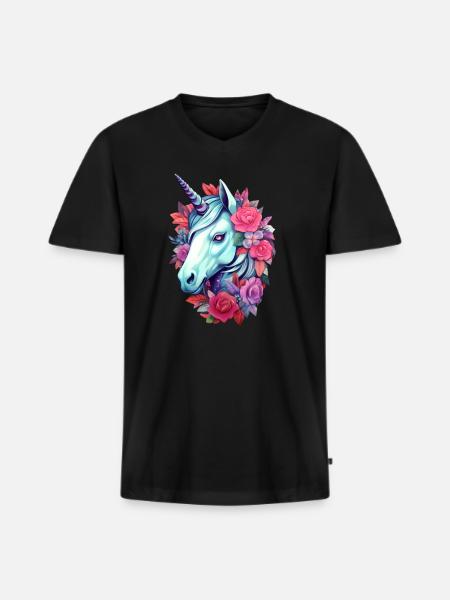 Einhorn Blumen-Ästhetik - Männer Premium Bio T-Shirt mit V-Ausschnitt - Schwarz