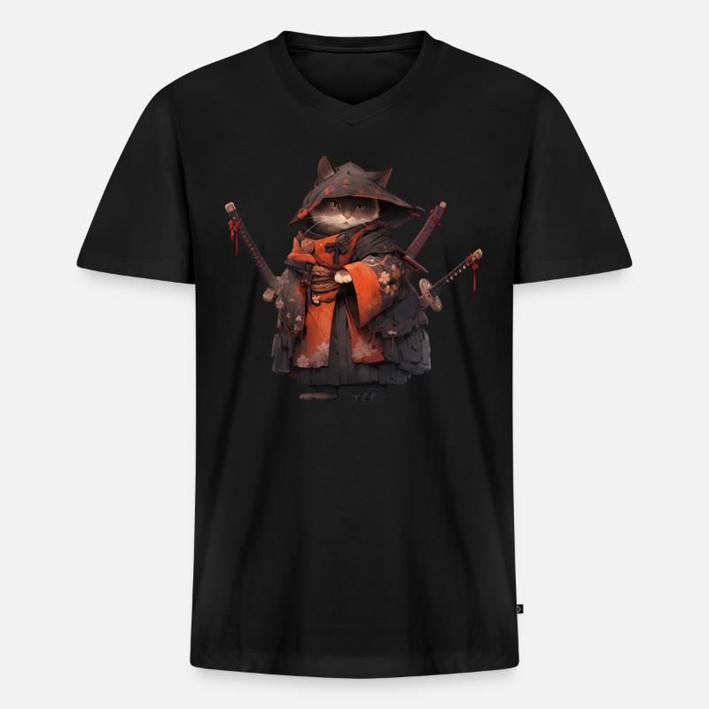 Asien Katze Japanischer Samurais Samurai - Männer Premium Bio T-Shirt mit V-Ausschnitt - Schwarz