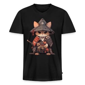 Asia Cat Japanese Samurai Samurai - Men's Premium Organic T-shirt with V-neck - black - Front - Nico (187cm)
