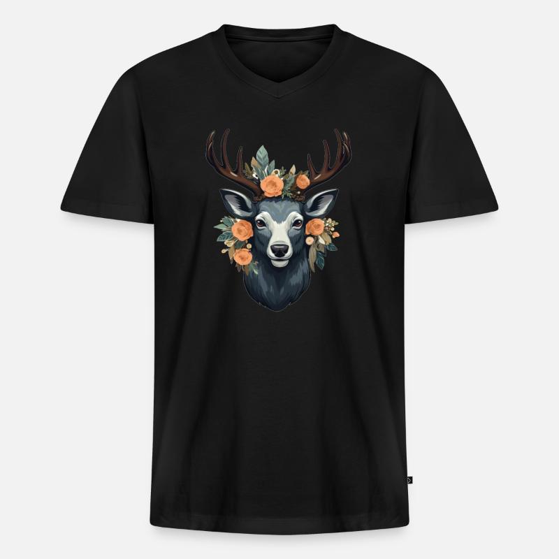Hirsch Blumen - Männer Premium Bio T-Shirt mit V-Ausschnitt - Schwarz