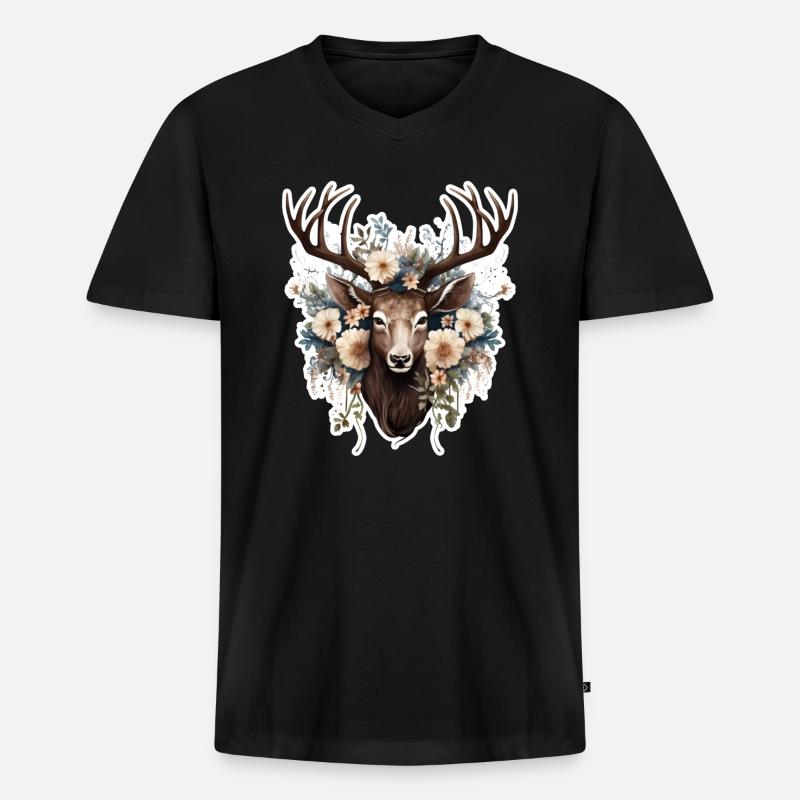 Hirsch Blumen - Männer Premium Bio T-Shirt mit V-Ausschnitt - Schwarz