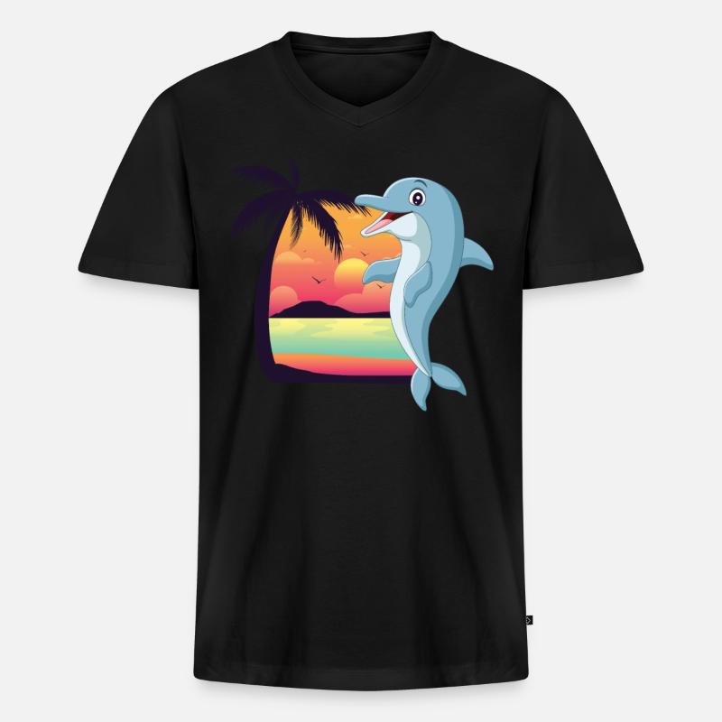 Dolphin Beach Palm Tree Sunset - Männer Premium Bio T-Shirt mit V-Ausschnitt - Schwarz