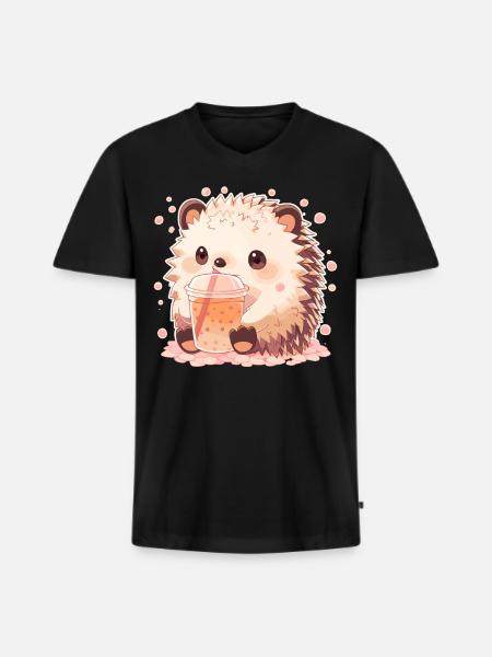 Kawaii Hedgehog Drinks Boba Bubble Tea Chibi - Men's Premium Organic T-shirt with V-neck - black