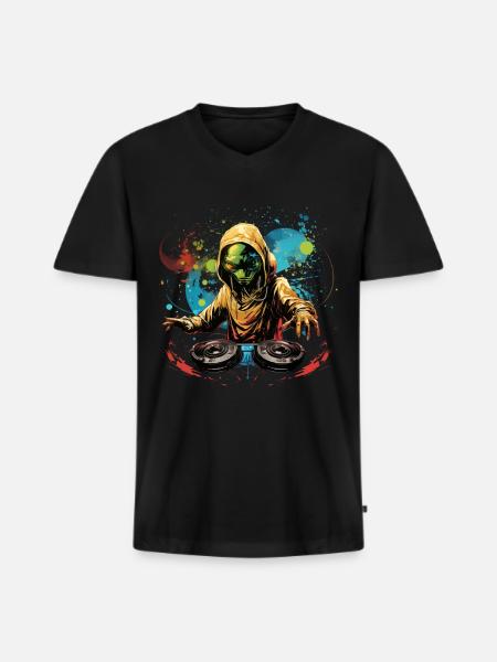 DJ Alien, Space Alien, DJ, Alien, Tegneserie, Space, - Premium økologisk T-shirt med V-hals til mænd - sort