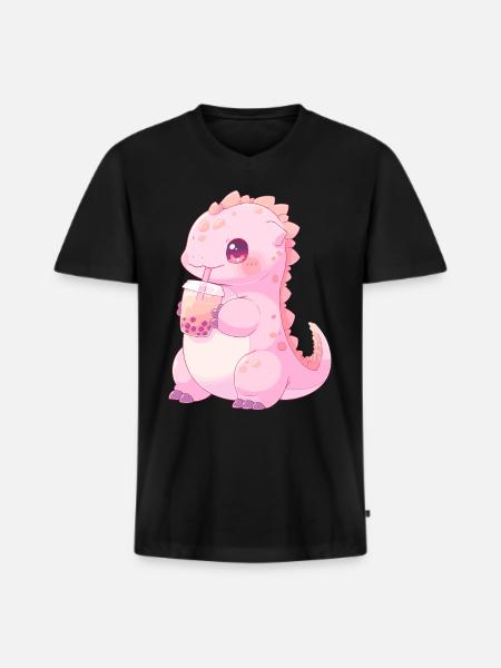 Kawaii Dinosaurus Drinkt Boba Bubble Tea Chibi - Mannen Premium Bio T-shirt met V-hals - zwart
