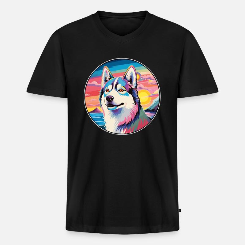 Husky-Hunderasse Buntes Karikatur-Aquarell - Männer Premium Bio T-Shirt mit V-Ausschnitt - Schwarz