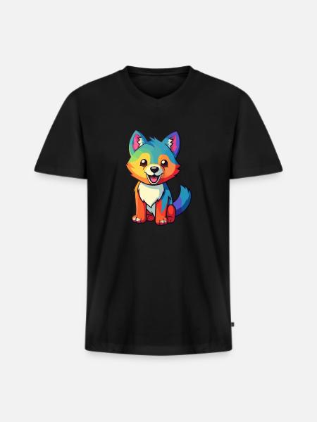 Lobo Lindo Dibujos Animados Kawaii Acuarela Animal Mascota - Camiseta ecológica prémium para hombre con cuello de pico - negro
