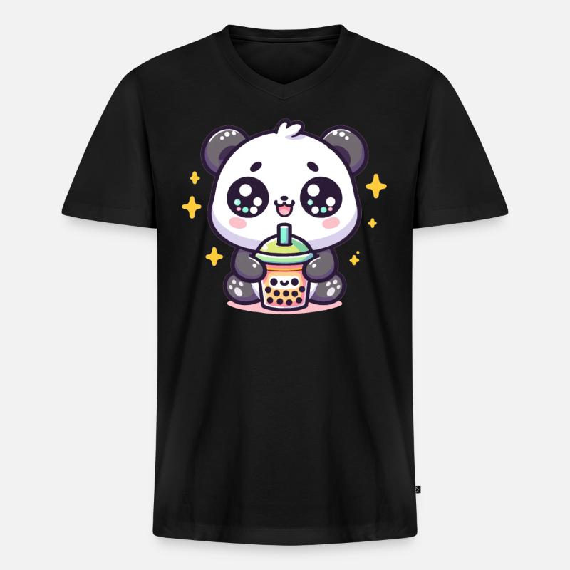 Panda Bubble Tea Boba Kawaii - Männer Premium Bio T-Shirt mit V-Ausschnitt - Schwarz