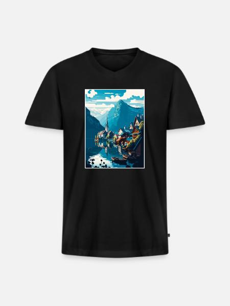 Hallstättersee Alpine Bergkulisse - Männer Premium Bio T-Shirt mit V-Ausschnitt - Schwarz