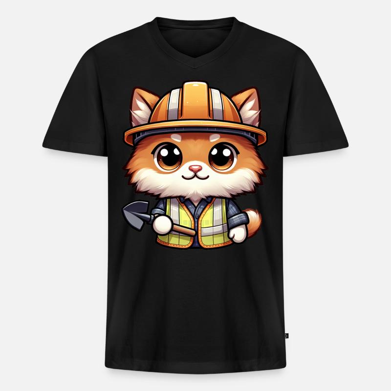 Cute Cat Construction Worker - Männer Premium Bio T-Shirt mit V-Ausschnitt - Schwarz