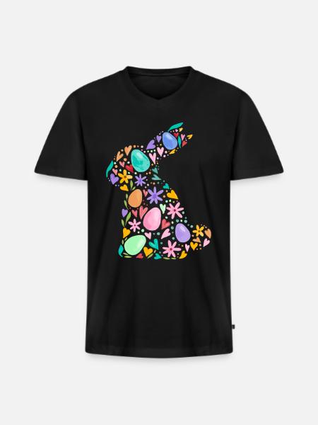 Farverig påskehare, påskeæg, blomster, påskegrafik - Premium økologisk T-shirt med V-hals til mænd - sort