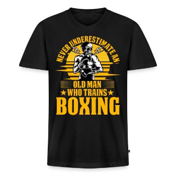 Unterschätzen Sie niemals einen alten Mann, der Boxen trainiert - Männer Premium Bio T-Shirt mit V-Ausschnitt - Schwarz - Vorne - Nico (187cm)