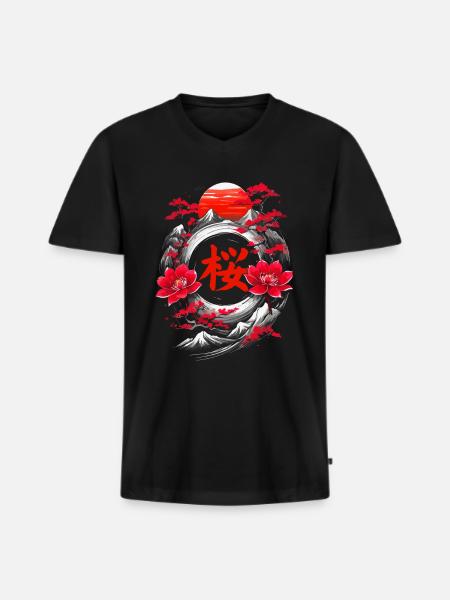 Cherry Blossom Japan Mountains - Men's Premium Organic T-shirt with V-neck - black