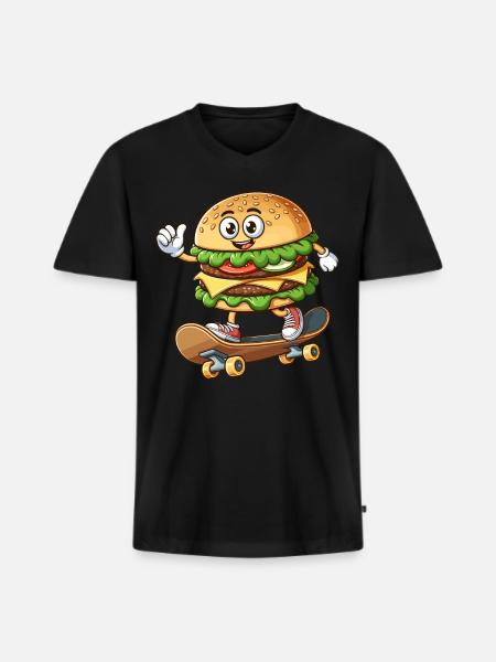 Hamburger on skateboard funny - Men's Premium Organic T-shirt with V-neck - black