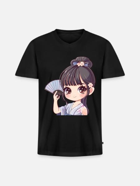 Anime Mädchen mit Fächer - Männer Premium Bio T-Shirt mit V-Ausschnitt - Schwarz