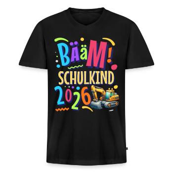 Einschulung Bagger Schulanfänger 2026 - Männer Premium Bio T-Shirt mit V-Ausschnitt - Schwarz - Vorne - Nico (187cm)