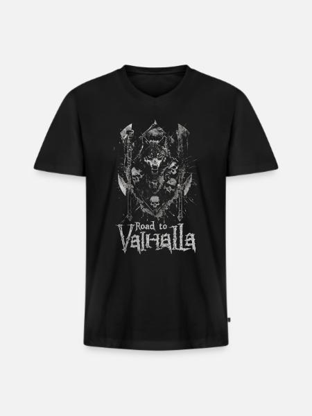Złowrogi Wolf Droga do Walhalli Design - Ekologiczna męska koszulka z dekoltem w serek Premium - czarny