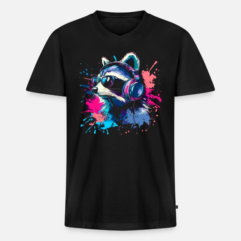 Bunter Zocker Waschbär mit Headset - Männer Premium Bio T-Shirt mit V-Ausschnitt - Schwarz