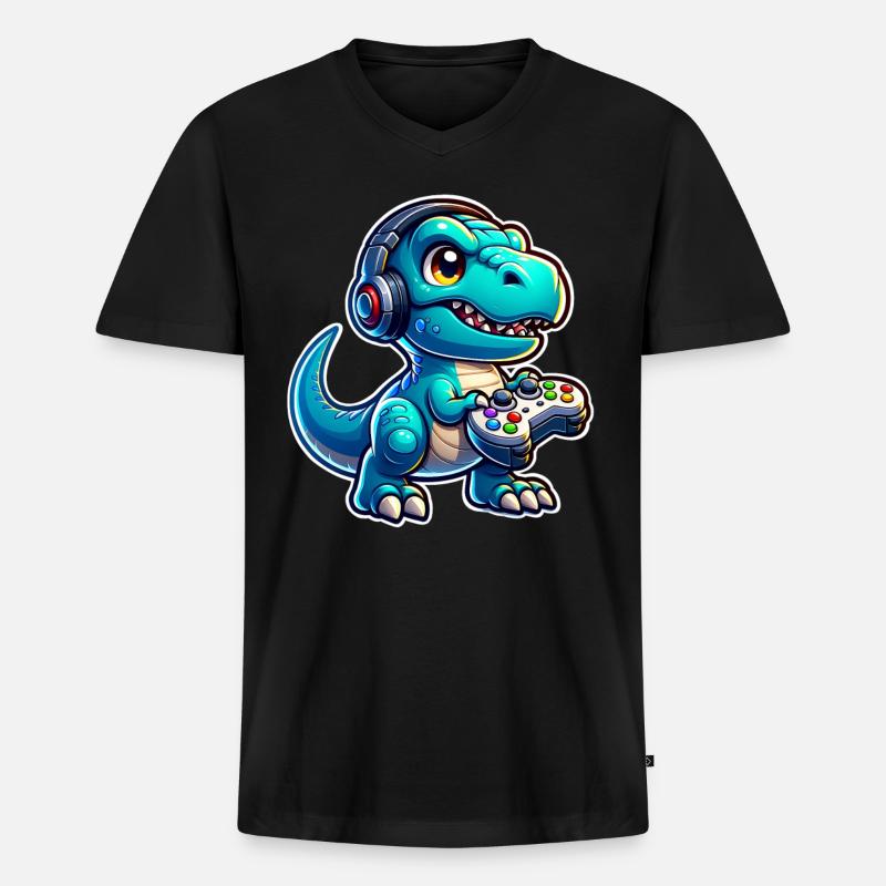 Gaming Dinosaurier T Rex - Männer Premium Bio T-Shirt mit V-Ausschnitt - Schwarz