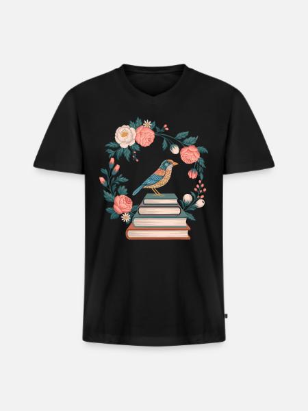 Cottagecore uccello e fiori pila di libri - Maglietta ecologica premium da uomo con scollo a V - nero