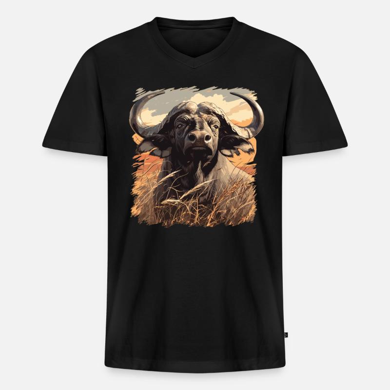 Buffalos Buffalo Büffel - Männer Premium Bio T-Shirt mit V-Ausschnitt - Schwarz