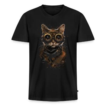 Chat steampunk - T-shirt encolure en V Premium bio Homme - noir - Devant - Nico (187cm)
