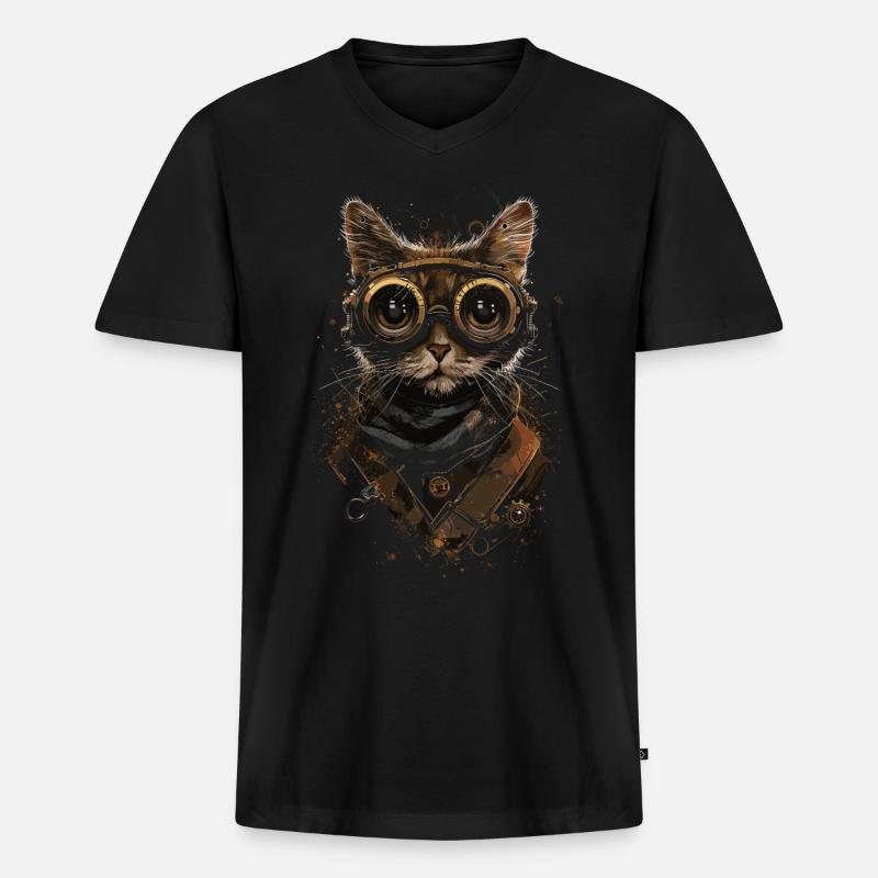 Steampunk-katze - Männer Premium Bio T-Shirt mit V-Ausschnitt - Schwarz