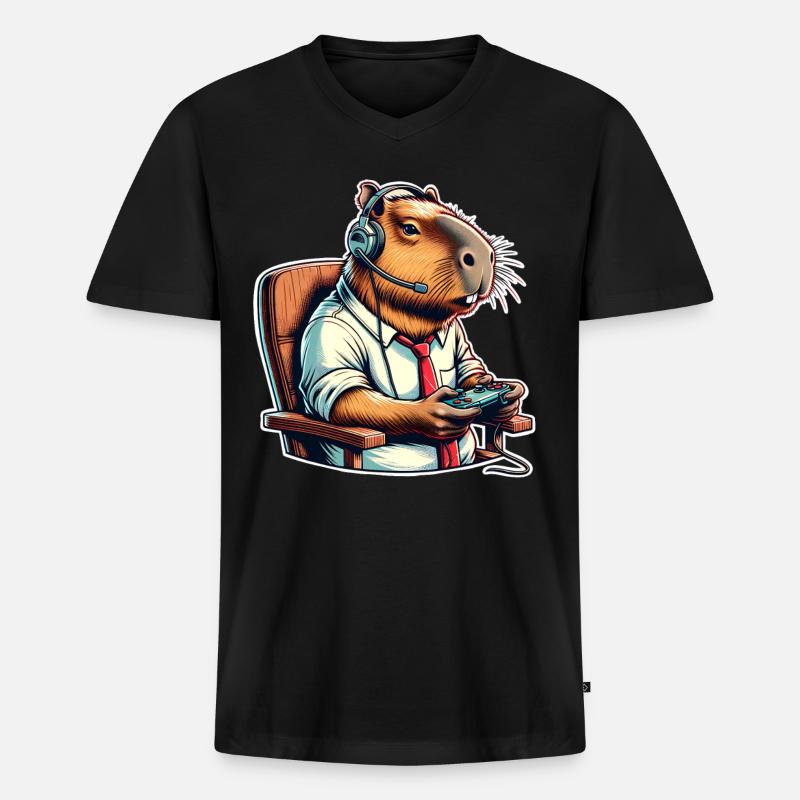 Capybara Gaming Nerd - Männer Premium Bio T-Shirt mit V-Ausschnitt - Schwarz