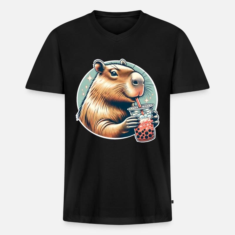 Capybara Bubble Tea - Männer Premium Bio T-Shirt mit V-Ausschnitt - Schwarz