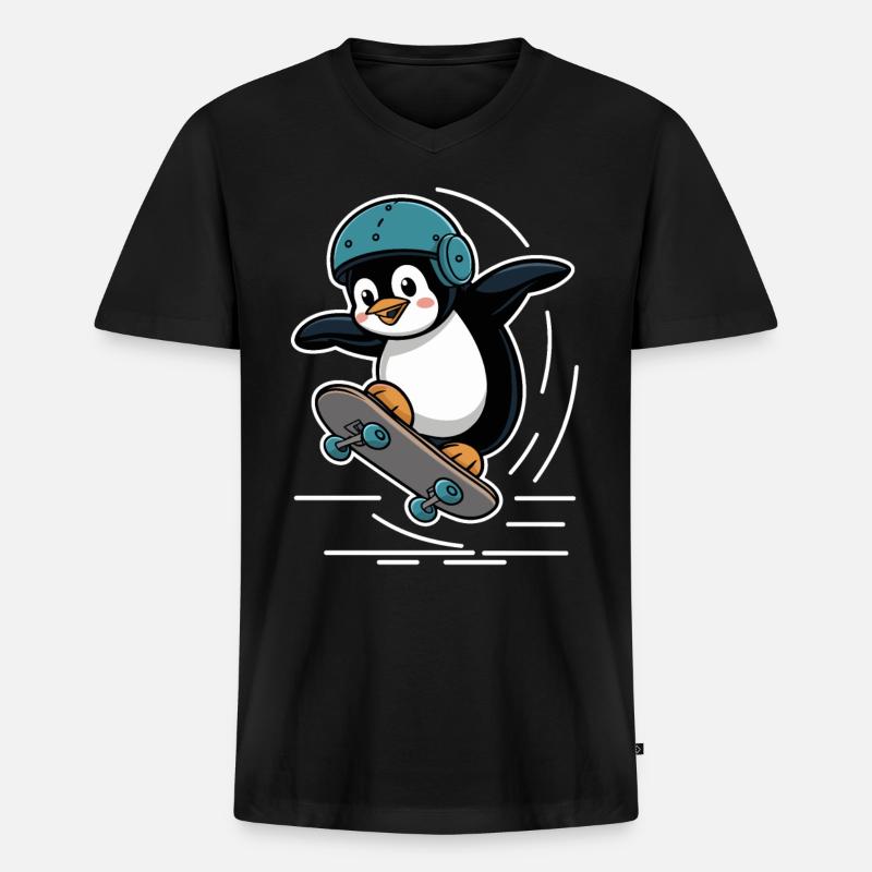 Skateboard Fahrender Pinguin Mit Helm - Männer Premium Bio T-Shirt mit V-Ausschnitt - Schwarz