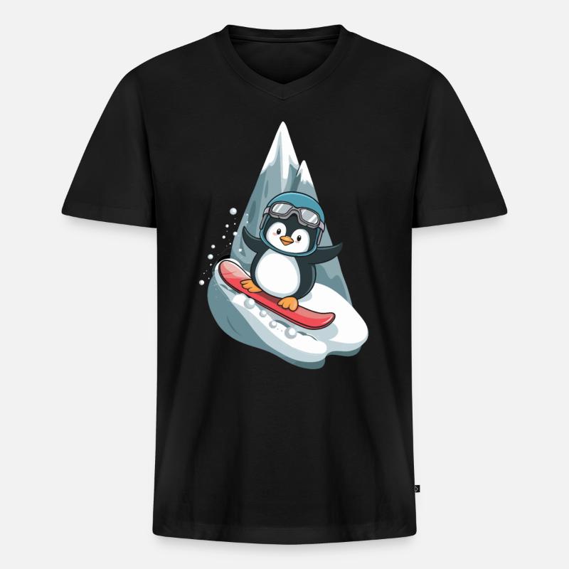 Coole Pinguin Snowboard Abenteuer - Männer Premium Bio T-Shirt mit V-Ausschnitt - Schwarz