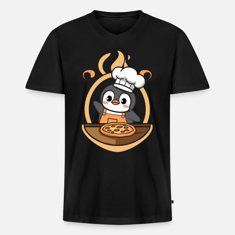 Süßer Pinguin Koch Pizza - Männer Premium Bio T-Shirt mit V-Ausschnitt - Schwarz