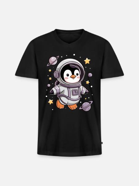 Cute penguin astronaut in space - Men's Premium Organic T-shirt with V-neck - black