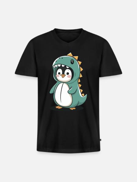 Cute Penguin in Dinosaur Costume - Men's Premium Organic T-shirt with V-neck - black