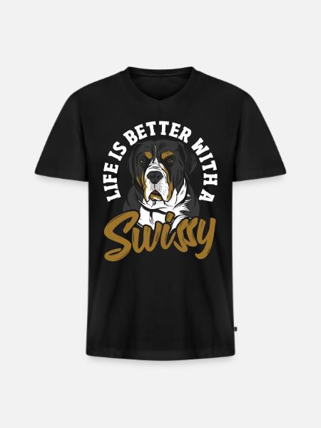 Livet er bedre med en schweizer - Premium økologisk T-shirt med V-hals til mænd - sort