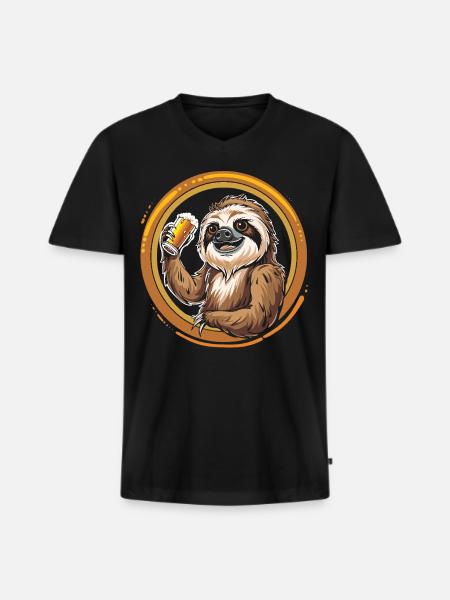 Faultier Bier Biertrinker - Männer Premium Bio T-Shirt mit V-Ausschnitt - Schwarz
