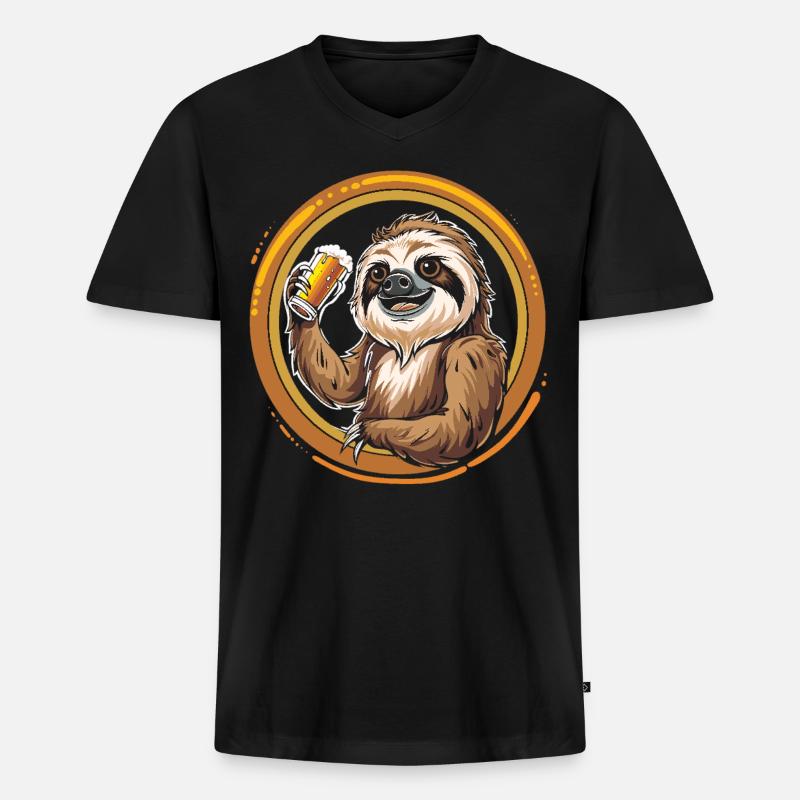 Faultier Bier Biertrinker - Männer Premium Bio T-Shirt mit V-Ausschnitt - Schwarz